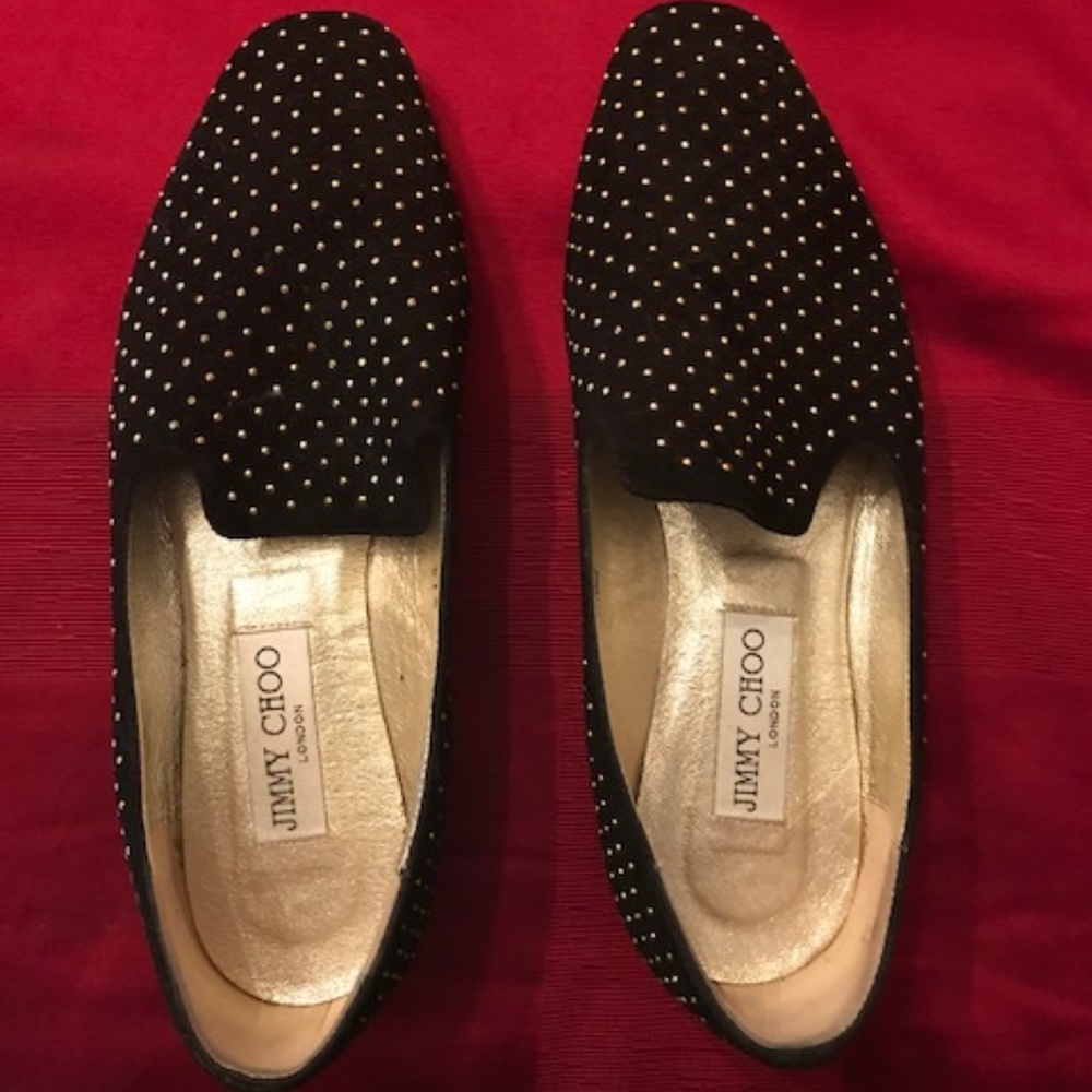 Jimmy Choo Gold Studded Black Suede Loafers - 37.5